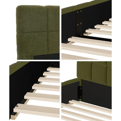 BF-B-BRED-Q-SP-GN Oikiture Bed Frame Queen Size Tufted Headboard Green Boucle