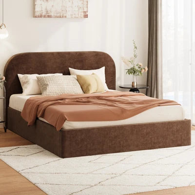 BF-B-CENA-D-BR-AB Oikiture Bed Frame Double Size Gas Lift Storage Base Rounded Corner Velvet Brown