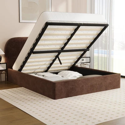 BF-B-CENA-D-BR-AB Oikiture Bed Frame Double Size Gas Lift Storage Base Rounded Corner Velvet Brown