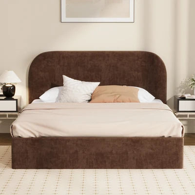 BF-B-CENA-D-BR-AB Oikiture Bed Frame Double Size Gas Lift Storage Base Rounded Corner Velvet Brown