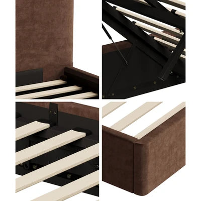 BF-B-CENA-D-BR-AB Oikiture Bed Frame Double Size Gas Lift Storage Base Rounded Corner Velvet Brown