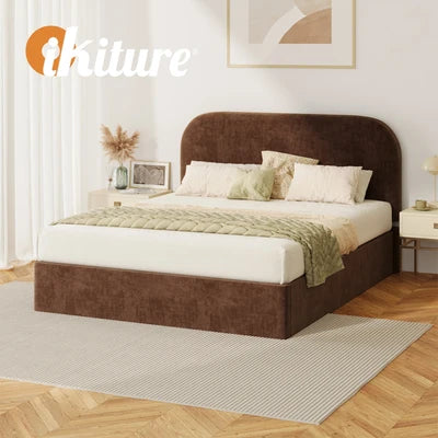 BF-B-CENA-D-BR-AB Oikiture Bed Frame Double Size Gas Lift Storage Base Rounded Corner Velvet Brown