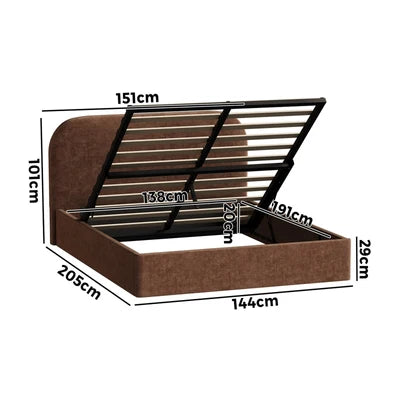 BF-B-CENA-D-BR-AB Oikiture Bed Frame Double Size Gas Lift Storage Base Rounded Corner Velvet Brown