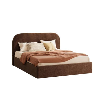 BF-B-CENA-D-BR-AB Oikiture Bed Frame Double Size Gas Lift Storage Base Rounded Corner Velvet Brown
