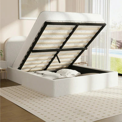 BF-B-CENA-D-SP-WH-AB Oikiture Bed Frame Double Size Gas Lift Base with Storage Boucle Rounded Corner