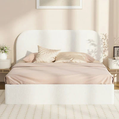 BF-B-CENA-D-SP-WH-AB Oikiture Bed Frame Double Size Gas Lift Base with Storage Boucle Rounded Corner