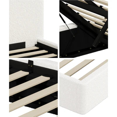 BF-B-CENA-D-SP-WH-AB Oikiture Bed Frame Double Size Gas Lift Base with Storage Boucle Rounded Corner