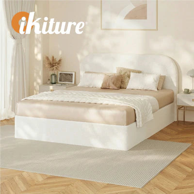 BF-B-CENA-D-SP-WH-AB Oikiture Bed Frame Double Size Gas Lift Base with Storage Boucle Rounded Corner
