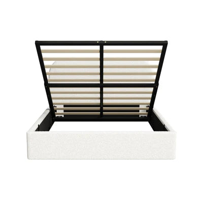 BF-B-CENA-D-SP-WH-AB Oikiture Bed Frame Double Size Gas Lift Base with Storage Boucle Rounded Corner
