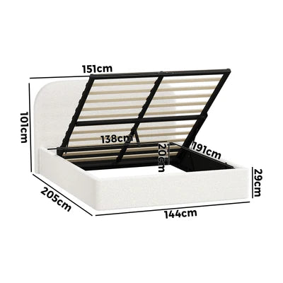 BF-B-CENA-D-SP-WH-AB Oikiture Bed Frame Double Size Gas Lift Base with Storage Boucle Rounded Corner