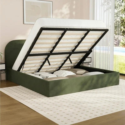 BF-B-CENA-K-VV-GN-AB Oikiture Bed Frame King Size Gas Lift Base with Storage Velvet Rounded Corner
