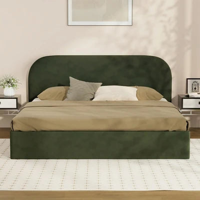 BF-B-CENA-K-VV-GN-AB Oikiture Bed Frame King Size Gas Lift Base with Storage Velvet Rounded Corner