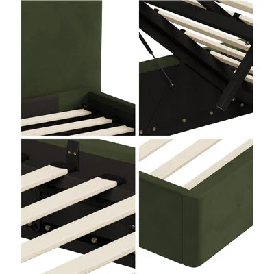 BF-B-CENA-K-VV-GN-AB Oikiture Bed Frame King Size Gas Lift Base with Storage Velvet Rounded Corner