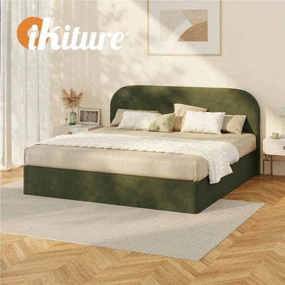 BF-B-CENA-K-VV-GN-AB Oikiture Bed Frame King Size Gas Lift Base with Storage Velvet Rounded Corner
