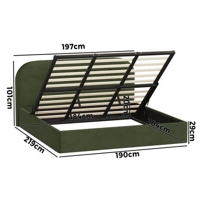 BF-B-CENA-K-VV-GN-AB Oikiture Bed Frame King Size Gas Lift Base with Storage Velvet Rounded Corner