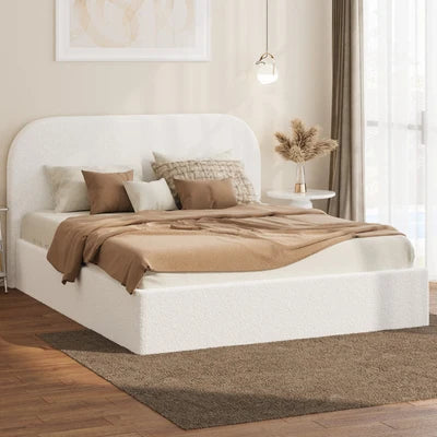 BF-B-CENA-Q-SP-WH-AB QUEEN SIZE Oikiture Bed Frame Gas Lift Base with Storage Boucle Rounded Corner