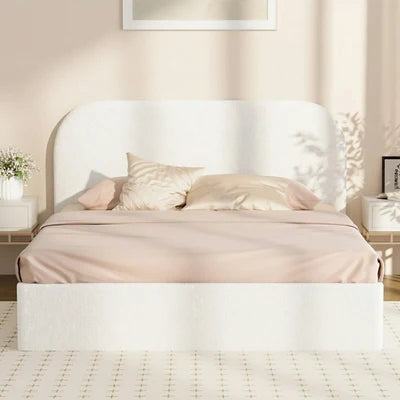 BF-B-CENA-Q-SP-WH-AB QUEEN SIZE Oikiture Bed Frame Gas Lift Base with Storage Boucle Rounded Corner