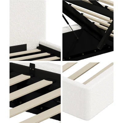 BF-B-CENA-Q-SP-WH-AB QUEEN SIZE Oikiture Bed Frame Gas Lift Base with Storage Boucle Rounded Corner