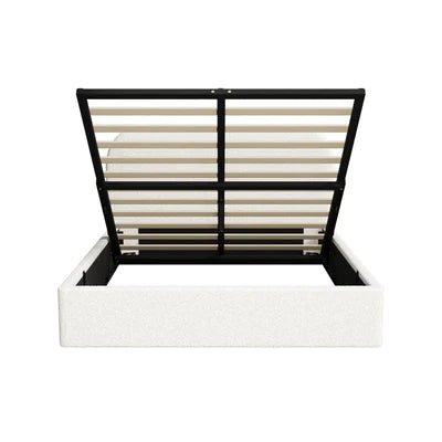 BF-B-CENA-Q-SP-WH-AB QUEEN SIZE Oikiture Bed Frame Gas Lift Base with Storage Boucle Rounded Corner