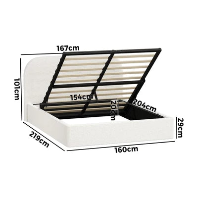 BF-B-CENA-Q-SP-WH-AB QUEEN SIZE Oikiture Bed Frame Gas Lift Base with Storage Boucle Rounded Corner