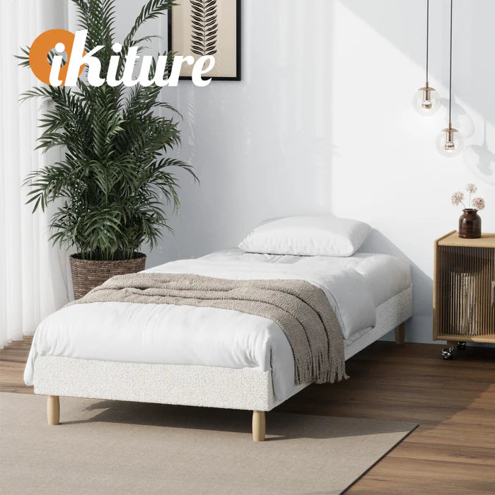 BF-B-COMO-S-SP-WH Oikiture Bed Frame Single Size Bed Base White Boucle