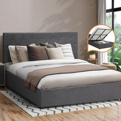 BF-B-COTI-D-GY-ABC Oikiture Bed Frame Double Size Gas Lift Base Storage Fabric Grey
