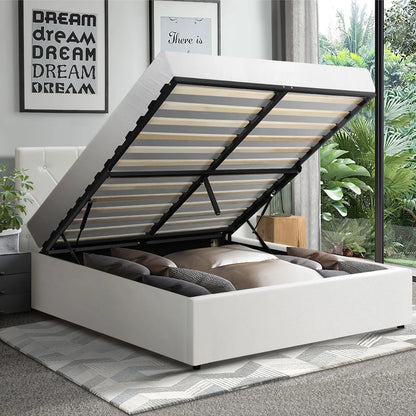 BF-B-COTI-D-WH-ABC Oikiture Bed Frame Double Size Gas Lift Storage Base White Leather COTI