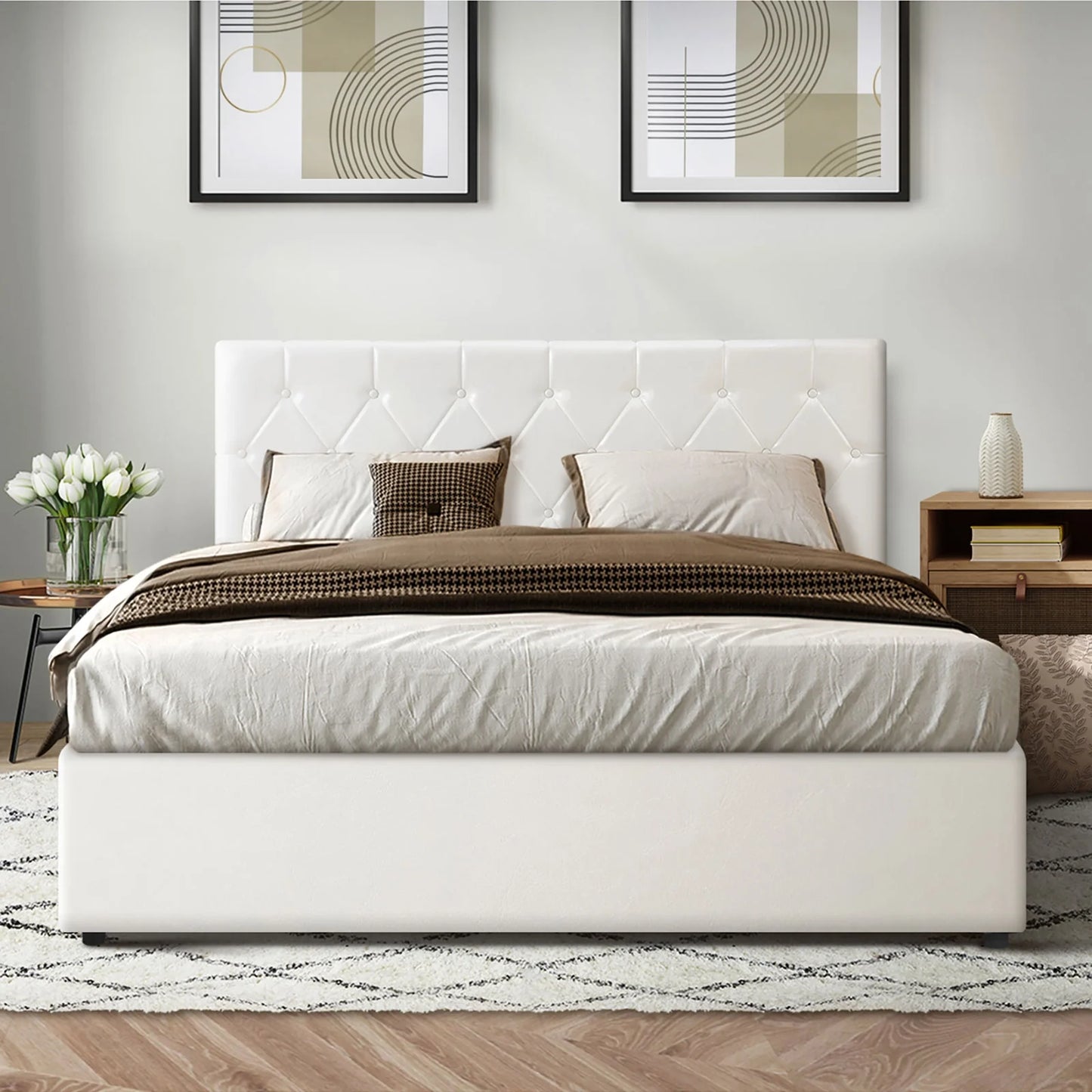 BF-B-COTI-D-WH-ABC Oikiture Bed Frame Double Size Gas Lift Storage Base White Leather COTI