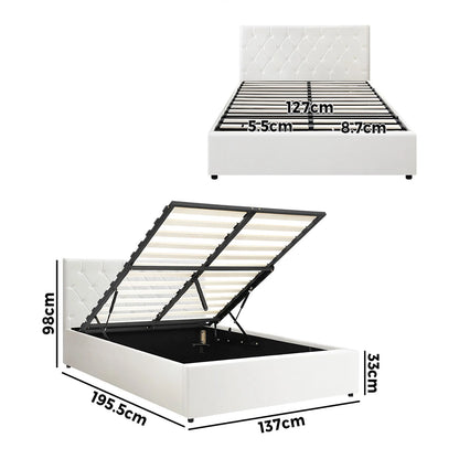 BF-B-COTI-D-WH-ABC Oikiture Bed Frame Double Size Gas Lift Storage Base White Leather COTI