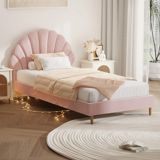 BF-B-ELSA-S-PK-AB Oikiture Bed Frame Single Size Scallop-Shape Bedhead Pink Velvet