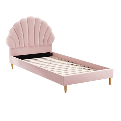 BF-B-ELSA-S-PK-AB Oikiture Bed Frame Single Size Scallop-Shape Bedhead Pink Velvet
