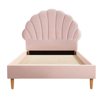BF-B-ELSA-S-PK-AB Oikiture Bed Frame Single Size Scallop-Shape Bedhead Pink Velvet