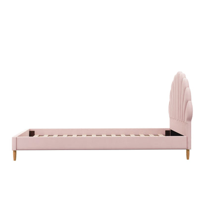 BF-B-ELSA-S-PK-AB Oikiture Bed Frame Single Size Scallop-Shape Bedhead Pink Velvet