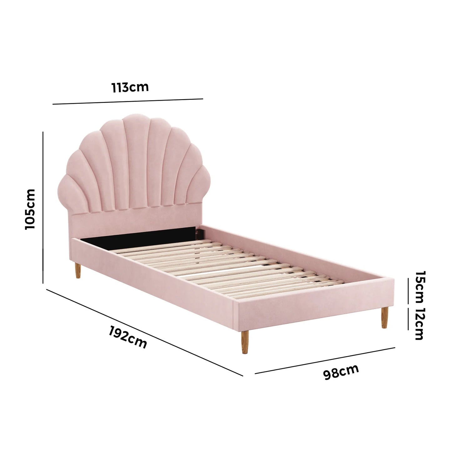 BF-B-ELSA-S-PK-AB Oikiture Bed Frame Single Size Scallop-Shape Bedhead Pink Velvet