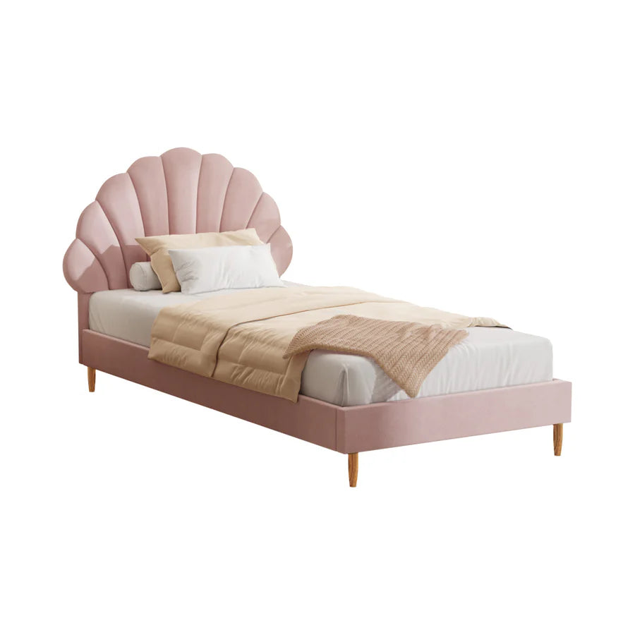 BF-B-ELSA-S-PK-AB Oikiture Bed Frame Single Size Scallop-Shape Bedhead Pink Velvet