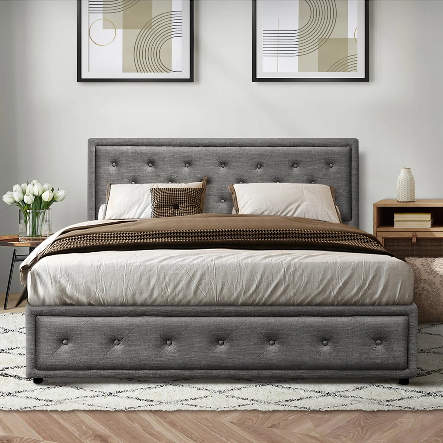 BF-B-ENZO-D-GY-ABC Oikiture Double Bed Frame with Storage Space Gas Lift Grey