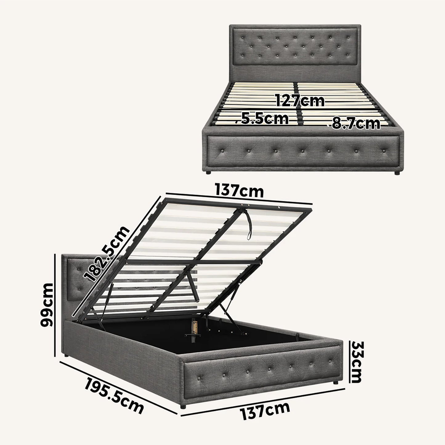 BF-B-ENZO-D-GY-ABC Oikiture Double Bed Frame with Storage Space Gas Lift Grey