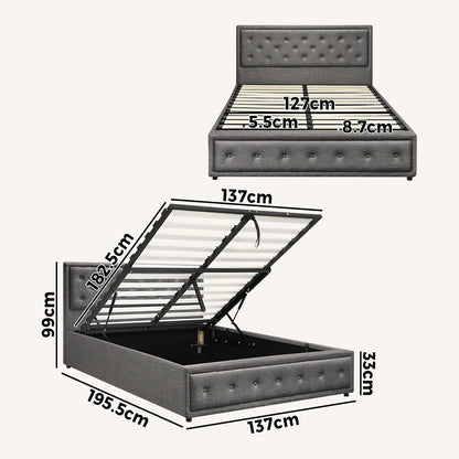 BF-B-ENZO-D-GY-ABC Oikiture Double Bed Frame with Storage Space Gas Lift Grey