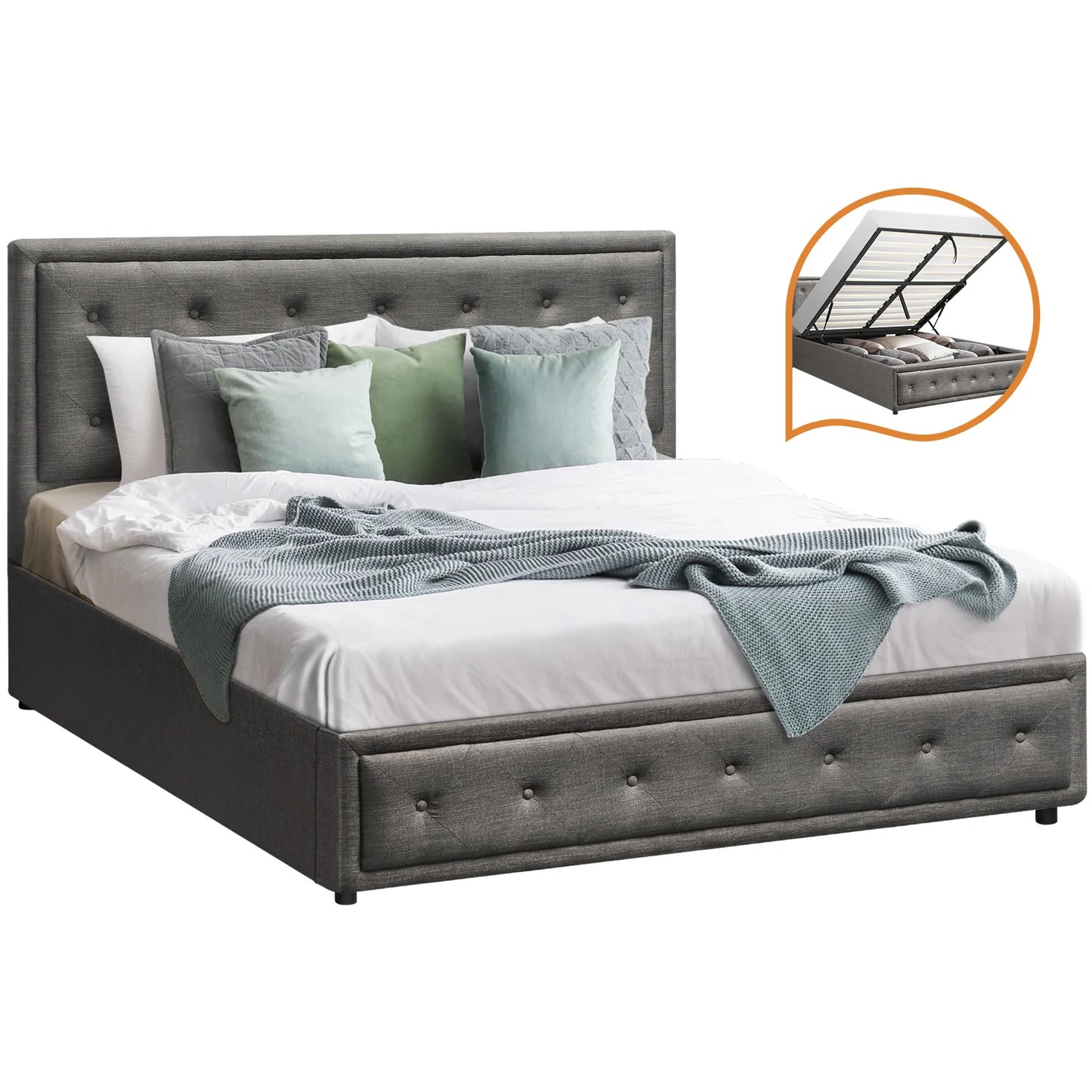 BF-B-ENZO-D-GY-ABC Oikiture Double Bed Frame with Storage Space Gas Lift Grey