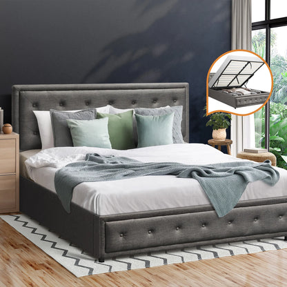 BF-B-ENZO-D-GY-ABC Oikiture Double Bed Frame with Storage Space Gas Lift Grey