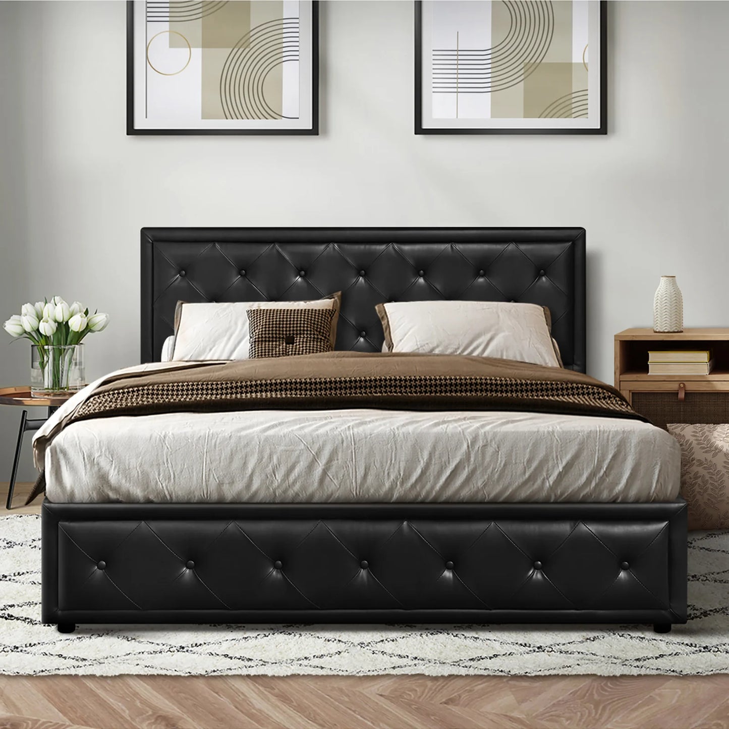 BF-B-ENZO-K-BK-ABC Oikiture King Bed Frame with Storage Space Gas Lift Black