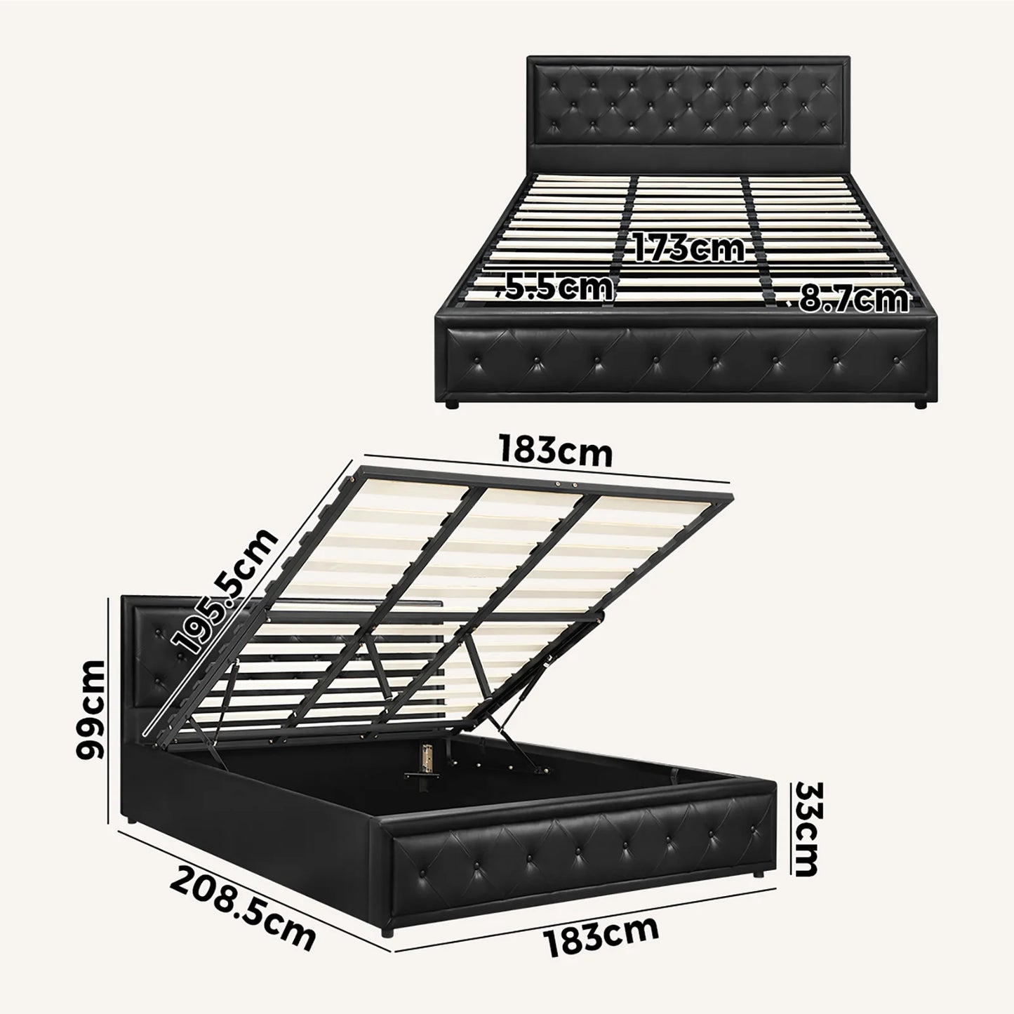 BF-B-ENZO-K-BK-ABC Oikiture King Bed Frame with Storage Space Gas Lift Black