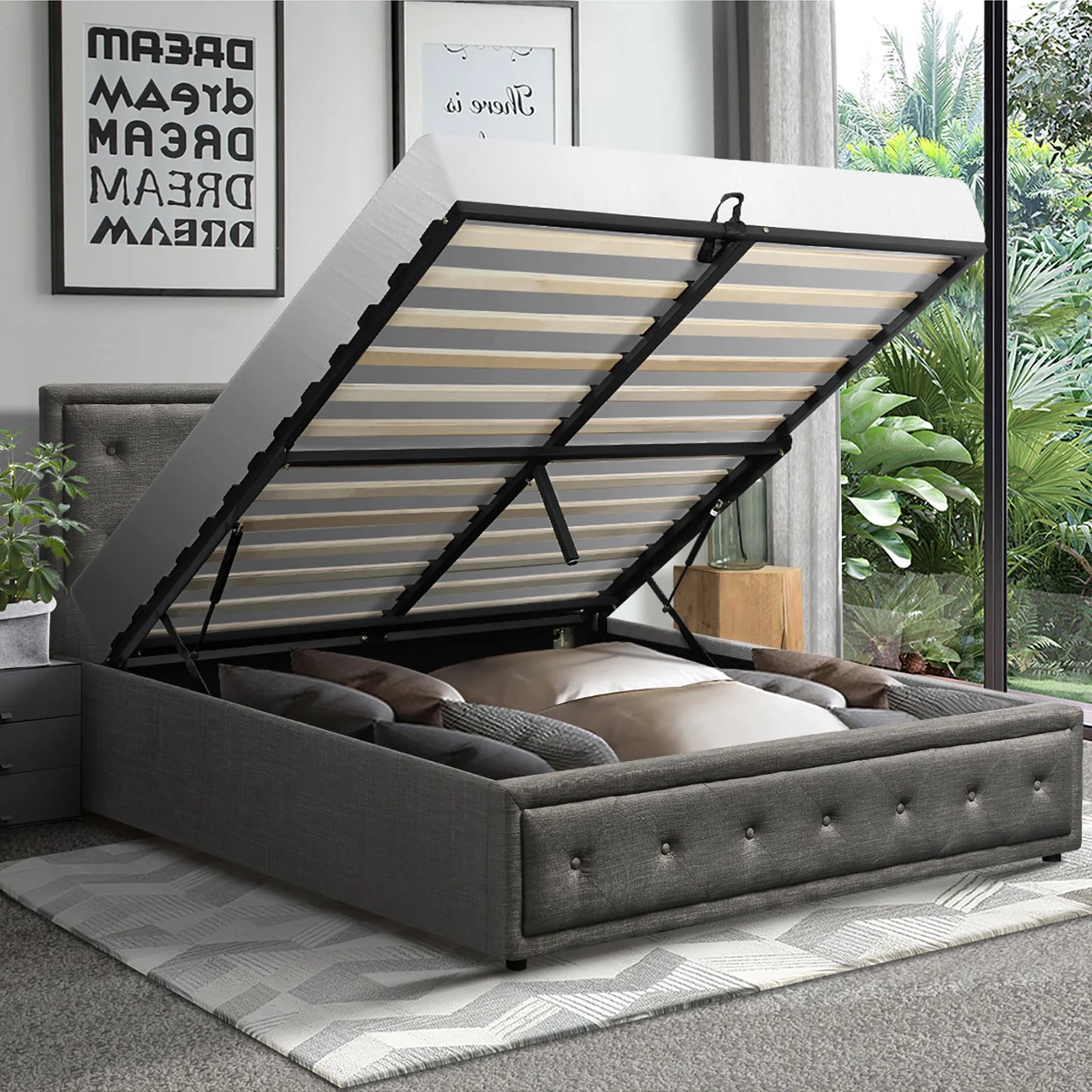 BF-B-ENZO-Q-GY-ABC Oikiture Bed Frame Queen Size Gas Lift Base With Storage Grey Fabric