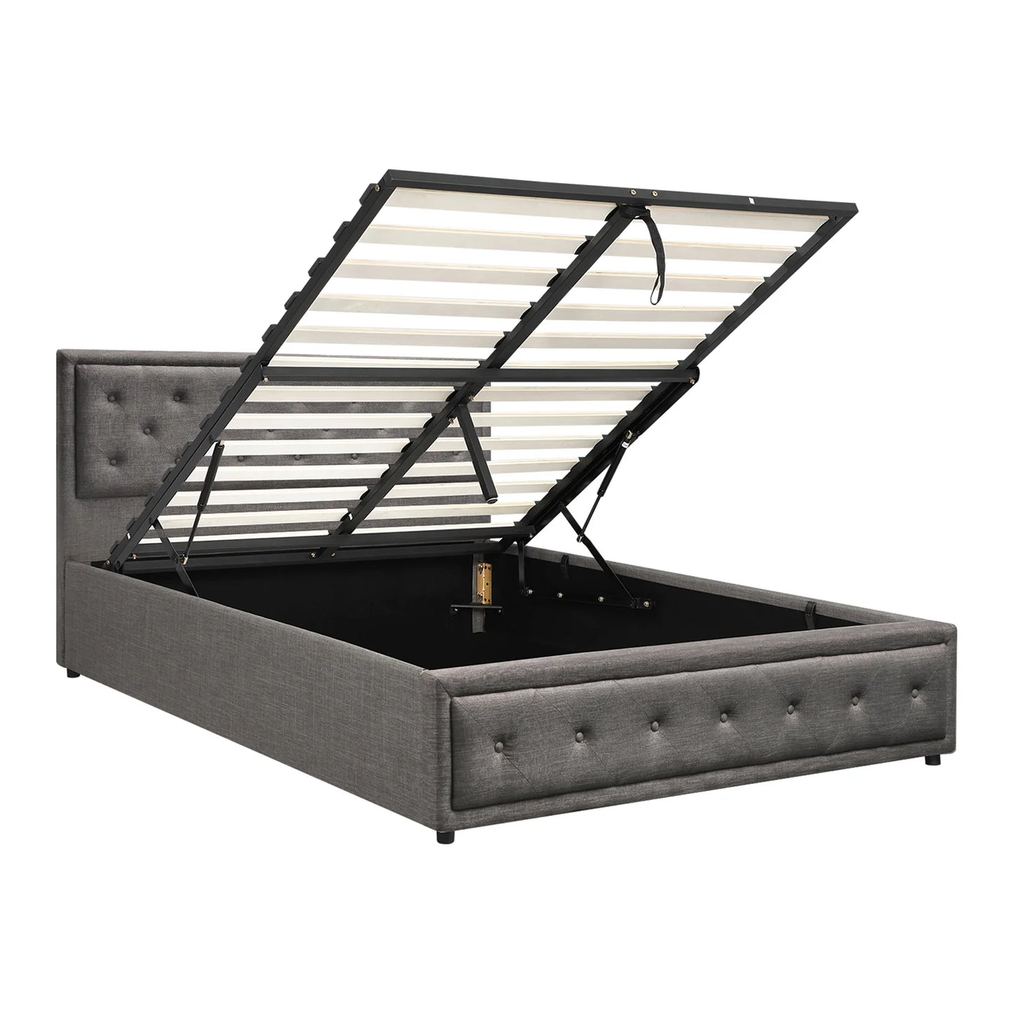 BF-B-ENZO-Q-GY-ABC Oikiture Bed Frame Queen Size Gas Lift Base With Storage Grey Fabric