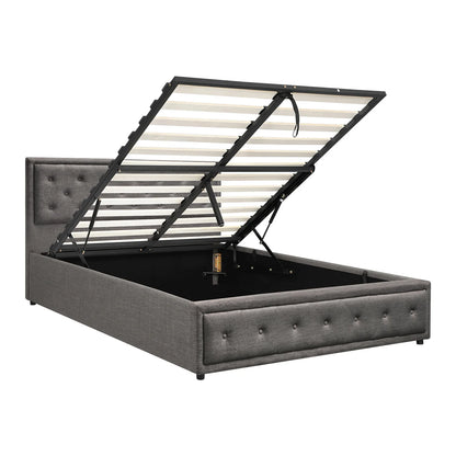 BF-B-ENZO-Q-GY-ABC Oikiture Bed Frame Queen Size Gas Lift Base With Storage Grey Fabric