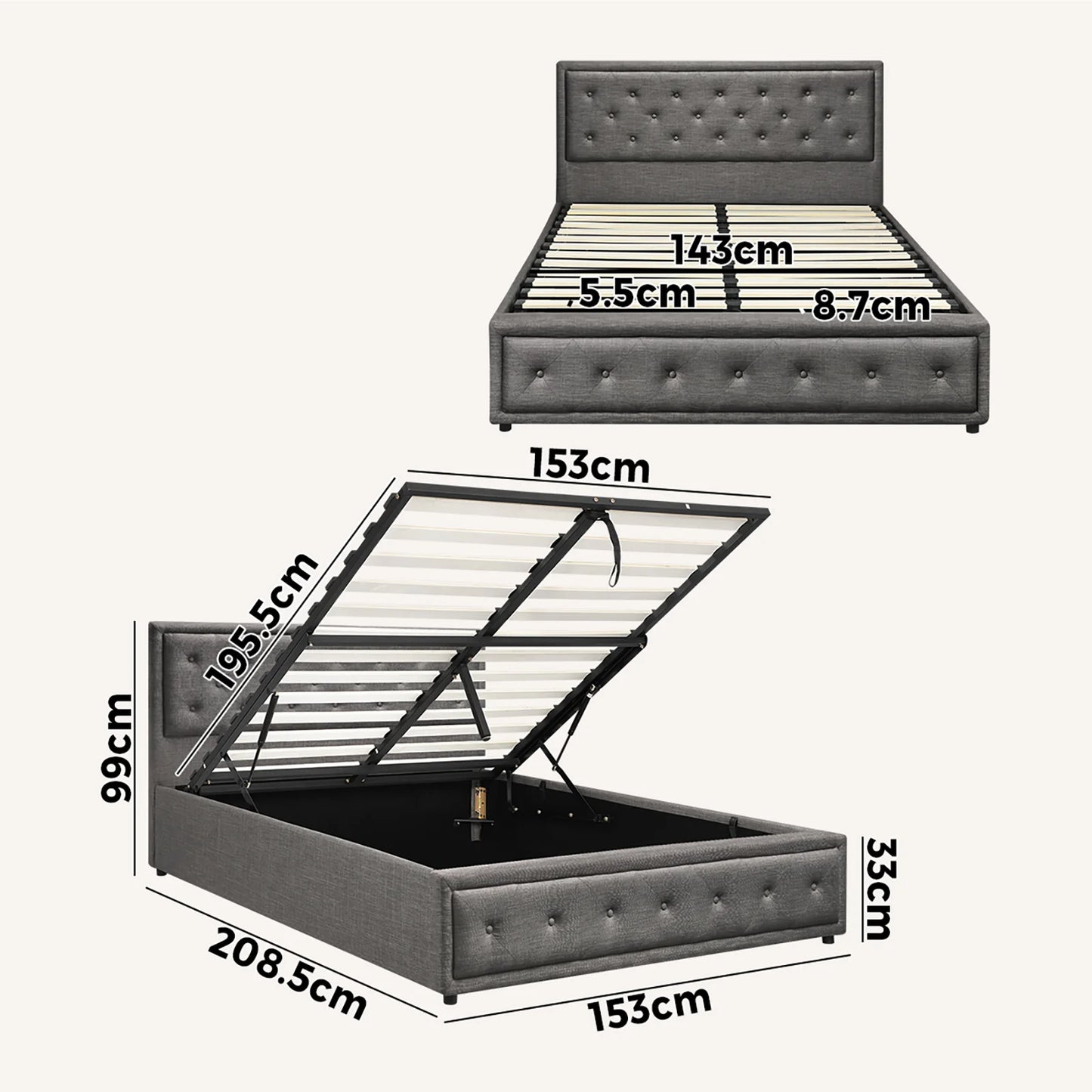 BF-B-ENZO-Q-GY-ABC Oikiture Bed Frame Queen Size Gas Lift Base With Storage Grey Fabric
