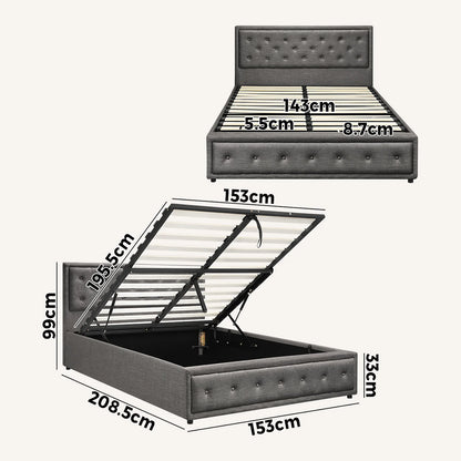 BF-B-ENZO-Q-GY-ABC Oikiture Bed Frame Queen Size Gas Lift Base With Storage Grey Fabric