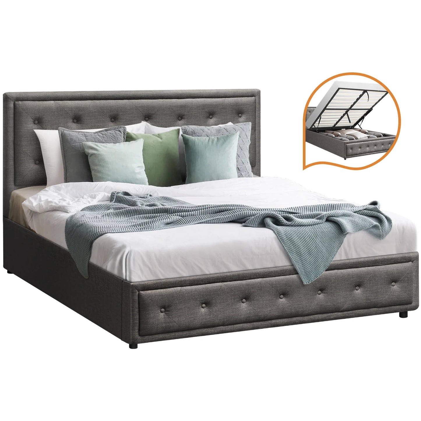 BF-B-ENZO-Q-GY-ABC Oikiture Bed Frame Queen Size Gas Lift Base With Storage Grey Fabric
