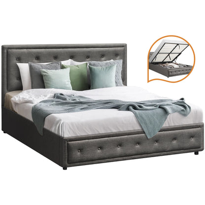 BF-B-ENZO-Q-GY-ABC Oikiture Bed Frame Queen Size Gas Lift Base With Storage Grey Fabric