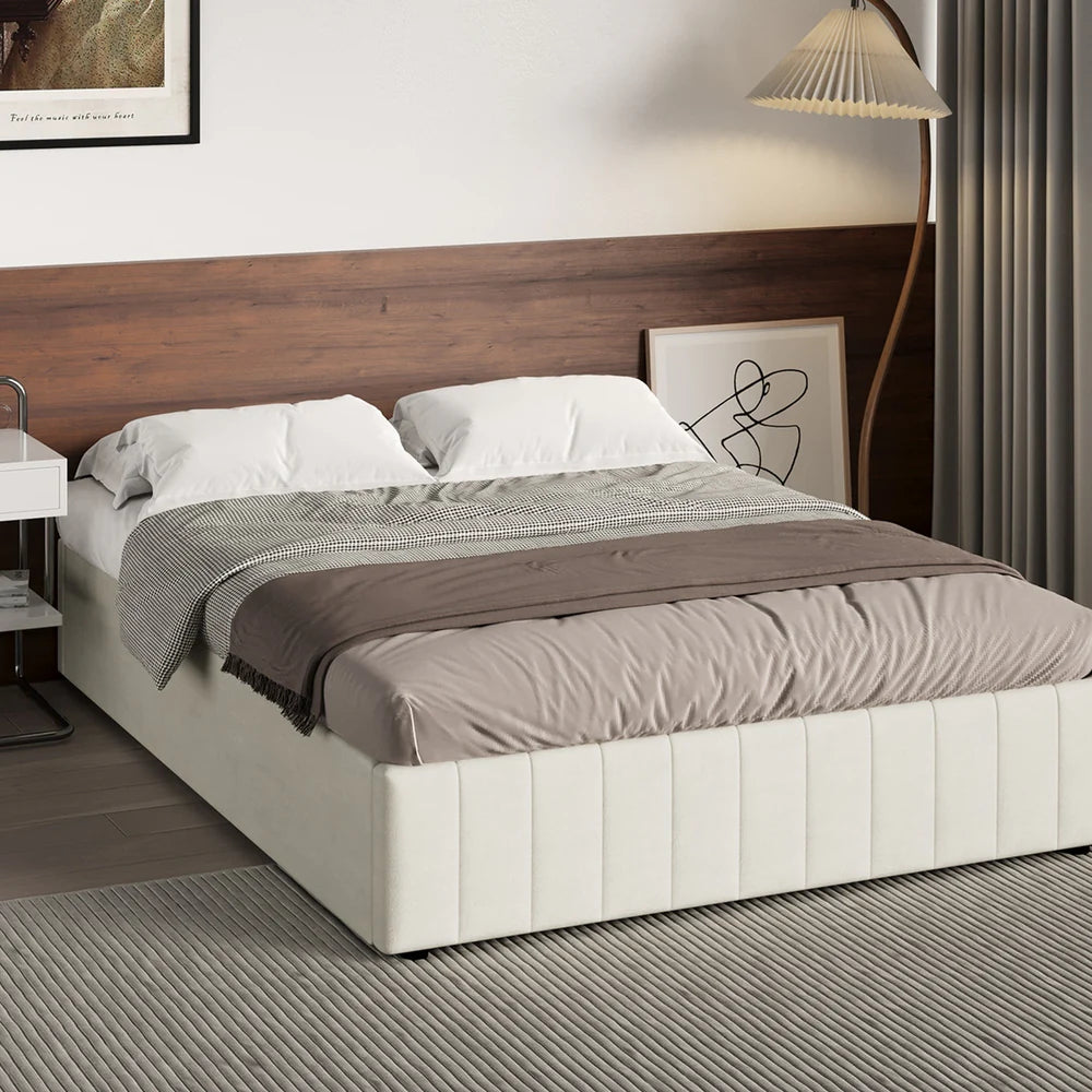 BF-B-FURB-Q-BG-AB Oikiture Bed Frame Queen Size Gas Lift Storage Base Velvet Cream FURB